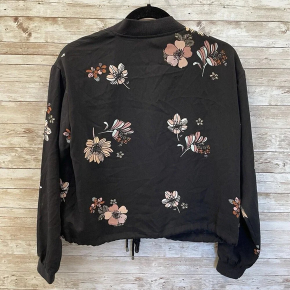 Who What Wear Womens M Jacket Black‎ Fall Floral Zipper w/ Pockets Cinch Waist - Picture 7 of 11